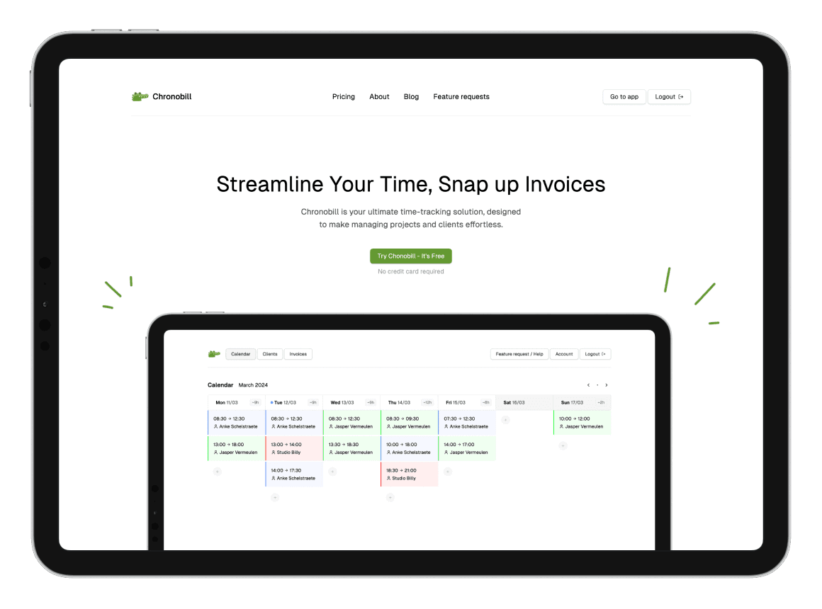 Chronobill is jouw ultieme oplossing voor het bijhouden van tijd, ontworpen om het beheren van projecten en klanten moeiteloos te maken.